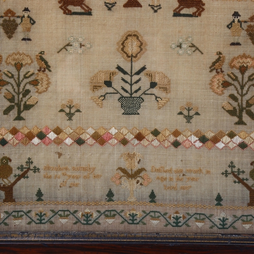 383 - A Regency needlework sampler, by Elizabeth Sumsby aged 14 years 1827, overall frame dimensions 52cm ... 