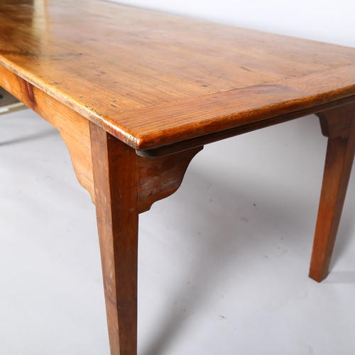 1 - A French fruitwood refectory style farmhouse table, with plank top and square tapered legs, 206 x 84... 