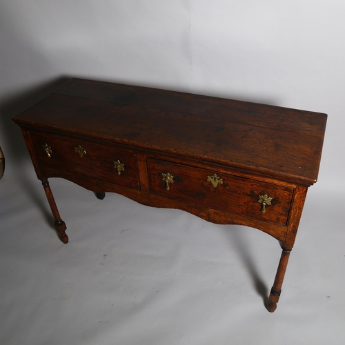 16 - A George II oak dresser base, circa 1720-40, with 2 frieze drawers, 127 x 46cm, height 83cm