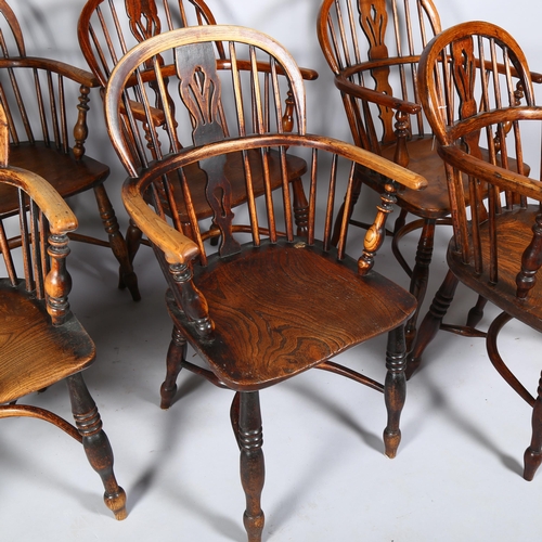 2 - A set of 6 x 19th century Nottingham bow arm Windsor chairs, with pierced splat-backs and crinoline ... 