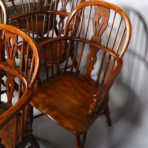 2 - A set of 6 x 19th century Nottingham bow arm Windsor chairs, with pierced splat-backs and crinoline ... 