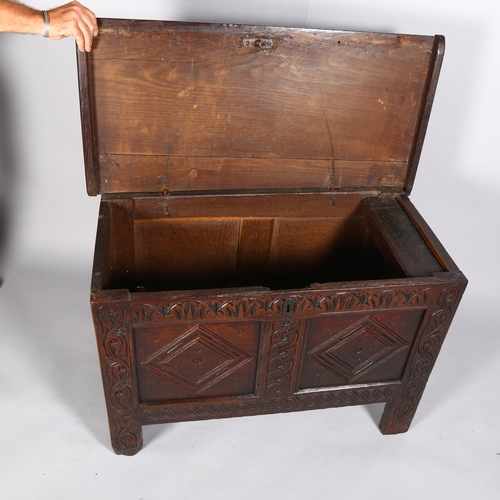 3 - A late 17th century oak blanket chest with plank top, lozenge carved 2 panel front, 100 x 49cm, heig... 