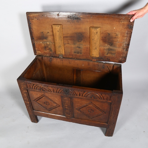 6 - An 17th century oak panelled coffer of small size, circa 1680, with lozenge carved 2 panel front, 91... 