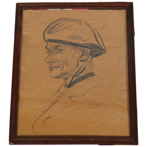 413 - A hand drawn pencil on paper portrait of a British Paratrooper, signed Gilbey, framed, overall 27.5 ... 