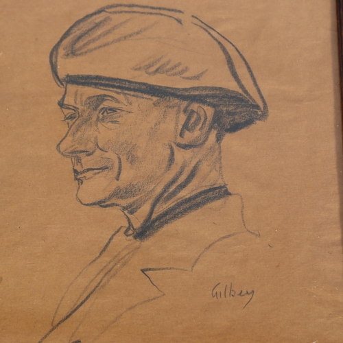 413 - A hand drawn pencil on paper portrait of a British Paratrooper, signed Gilbey, framed, overall 27.5 ... 