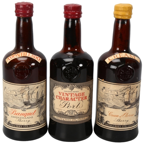 158E - 3 vintage bottles of fortified wine, 1 Port, 1 Oloroso Sherry, 1 Amontillado Sherry, importers Smith... 