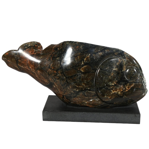 400 - A carved and polished green/black marble fish on black granite base, length 41cm