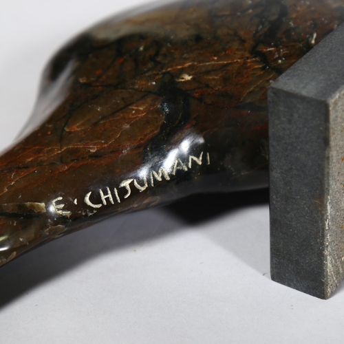 400 - A carved and polished green/black marble fish on black granite base, length 41cm