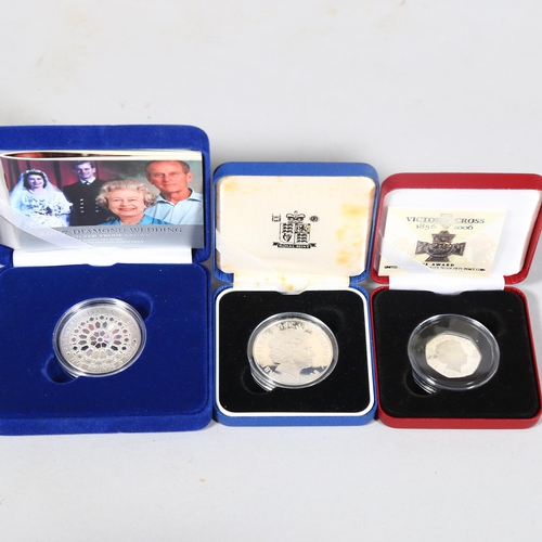 406 - 3 silver proof coins, 2006 Victoria cross 50p, 2008 History of the Air Force Bailiwick Crown, 2007 D... 