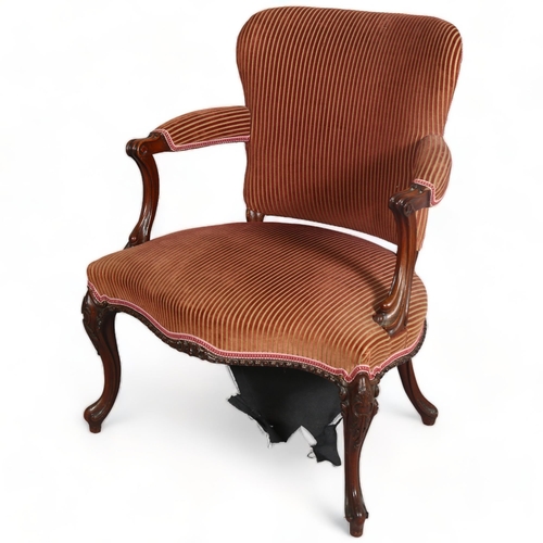 408 - A 19th century French Salon Armchair, shaped and carved mahogany frame, re-upholstered in striped ve... 