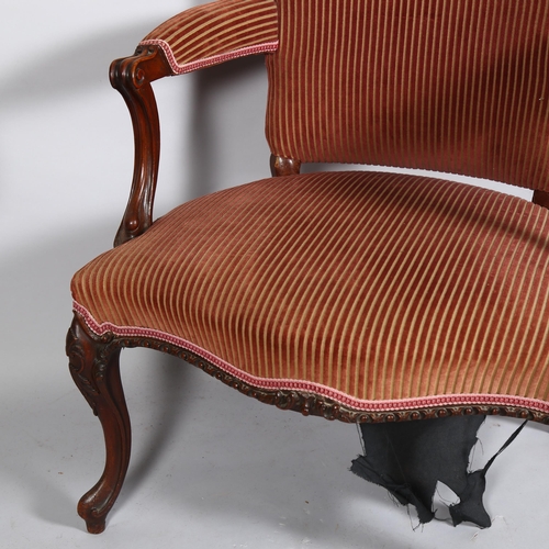 408 - A 19th century French Salon Armchair, shaped and carved mahogany frame, re-upholstered in striped ve... 