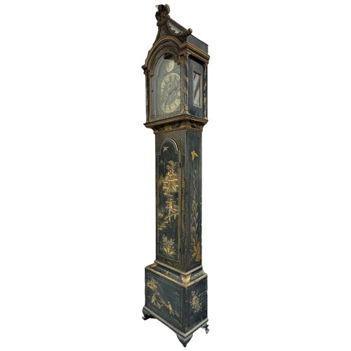 154A - A black lacquer Chinoiserie Eight Day Longcase Clock, ebonised oak case with swept Fleur de Lys pedi... 