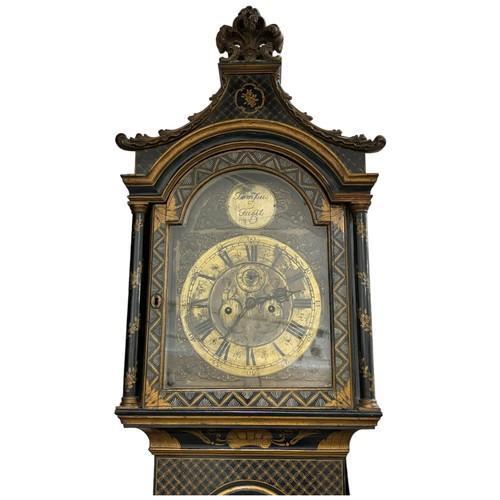 154A - A black lacquer Chinoiserie Eight Day Longcase Clock, ebonised oak case with swept Fleur de Lys pedi... 