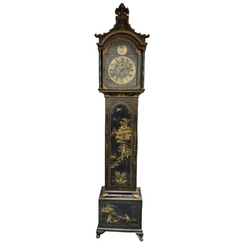 154A - A black lacquer Chinoiserie Eight Day Longcase Clock, ebonised oak case with swept Fleur de Lys pedi... 