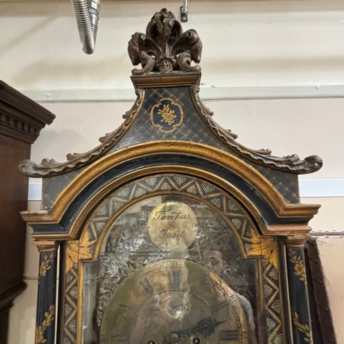 154A - A black lacquer Chinoiserie Eight Day Longcase Clock, ebonised oak case with swept Fleur de Lys pedi... 