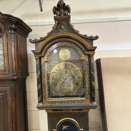 154A - A black lacquer Chinoiserie Eight Day Longcase Clock, ebonised oak case with swept Fleur de Lys pedi... 