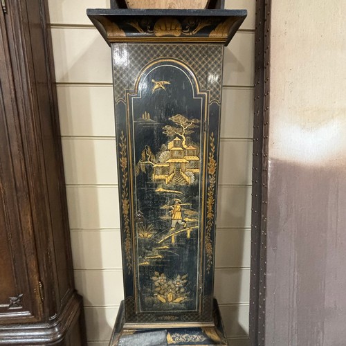 154A - A black lacquer Chinoiserie Eight Day Longcase Clock, ebonised oak case with swept Fleur de Lys pedi... 