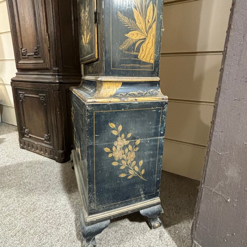 154A - A black lacquer Chinoiserie Eight Day Longcase Clock, ebonised oak case with swept Fleur de Lys pedi... 