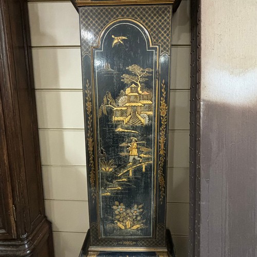 154A - A black lacquer Chinoiserie Eight Day Longcase Clock, ebonised oak case with swept Fleur de Lys pedi... 