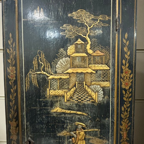 154A - A black lacquer Chinoiserie Eight Day Longcase Clock, ebonised oak case with swept Fleur de Lys pedi... 