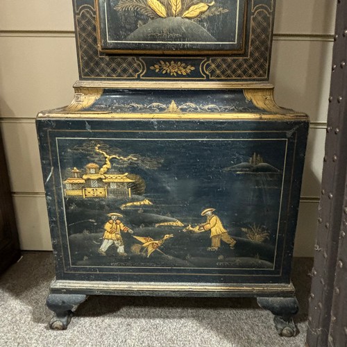 154A - A black lacquer Chinoiserie Eight Day Longcase Clock, ebonised oak case with swept Fleur de Lys pedi... 