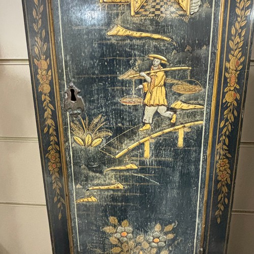 154A - A black lacquer Chinoiserie Eight Day Longcase Clock, ebonised oak case with swept Fleur de Lys pedi... 