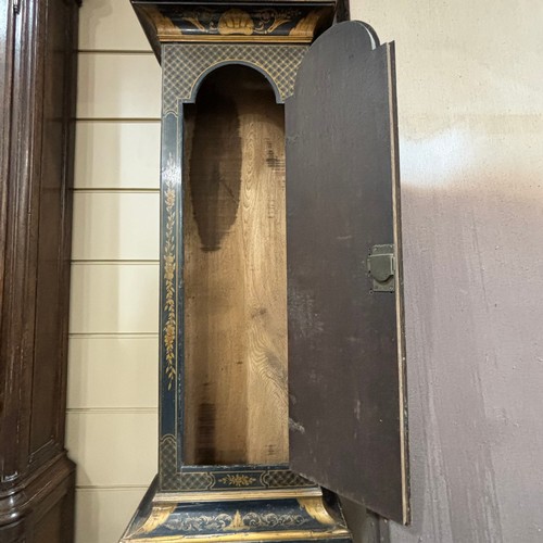 154A - A black lacquer Chinoiserie Eight Day Longcase Clock, ebonised oak case with swept Fleur de Lys pedi... 