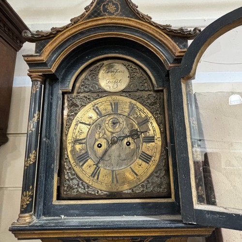 154A - A black lacquer Chinoiserie Eight Day Longcase Clock, ebonised oak case with swept Fleur de Lys pedi... 