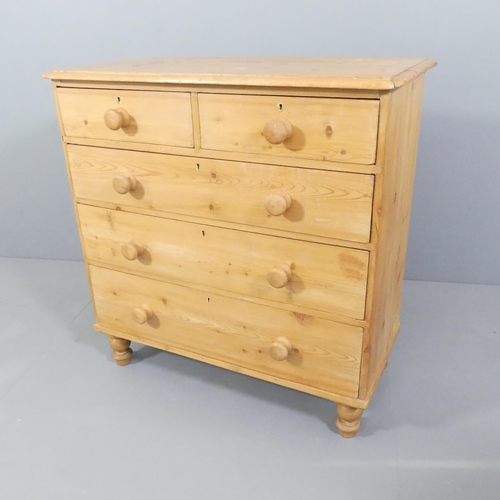 2150 - An antique pine chest of two short and three long drawers, raised on turned feet. 96x98x49cm