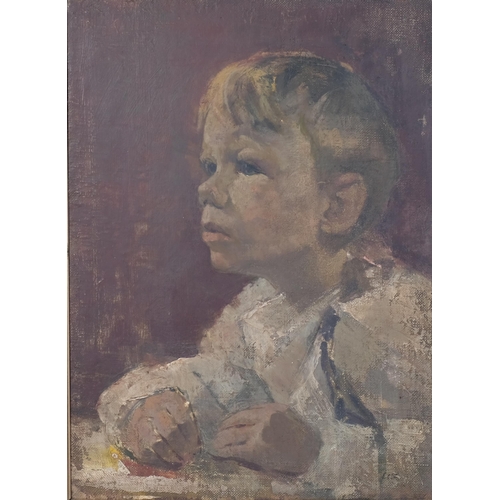 603 - Leo COLE? Portrait of a Child, oil on canvas lined hardboard, 31cm x 41cm, framed. Signed 'Leo . Col... 