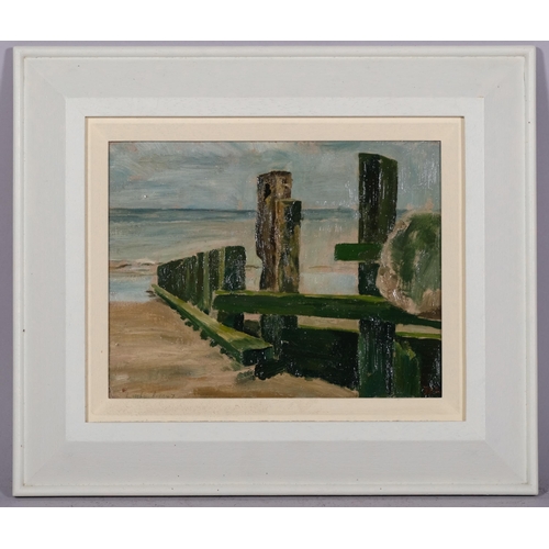 610 - John LINFIELD (British b.1930), Lancing Beach Breakwaters,  oil on board, 23cm x 18cm, signed and da... 