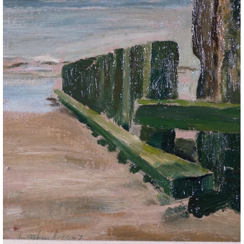 610 - John LINFIELD (British b.1930), Lancing Beach Breakwaters,  oil on board, 23cm x 18cm, signed and da... 