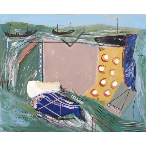 613 - St Ives / Cornish School, St Ives Early Boats , unsigned, acrylic on board, 70cm x 57cm, framed and ... 