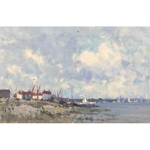 632 - John Neale, yacht entering Heybridge Basin Essex, oil on board, signed with Frost & Reid label verso... 