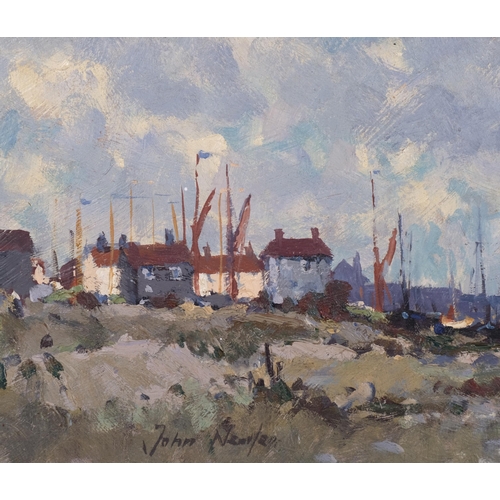 632 - John Neale, yacht entering Heybridge Basin Essex, oil on board, signed with Frost & Reid label verso... 