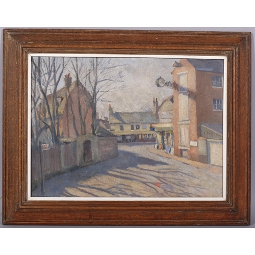 635 - Mid-20th century British School, street scene Bexhill Old Town, oil on board, indistinctly signed in... 