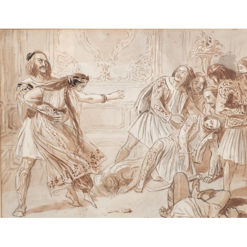 644 - Alfred Edward Chalon RA, the return of Lambro, sepia watercolour sketch, signed, 33cm x 44cm, framed