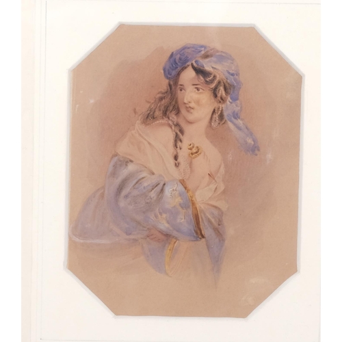 647 - Alfred Edward Chalon RA (1780 - 1860), woman holding a dagger, watercolour, 15cm x 12cm, framed