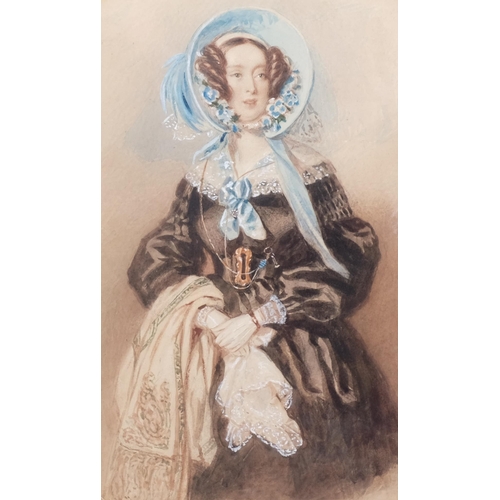 648 - Alfred Edward Chalon RA (1780 - 1860), portrait of a woman wearing a blue bonnet, watercolour, signe... 