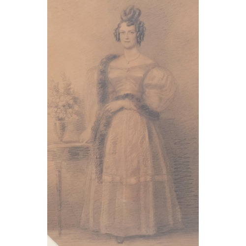 649 - 19th century portrait of a lady in evening dress, pencil on paper, unsigned, 35cm x 22cm, framed