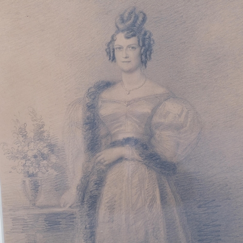 649 - 19th century portrait of a lady in evening dress, pencil on paper, unsigned, 35cm x 22cm, framed