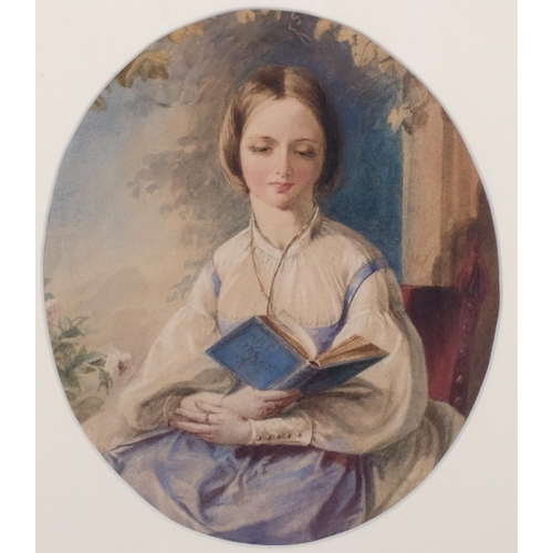 650 - Alfred Edward Chalon RA (1780 - 1860), study of a girl reading a book, oval watercolour, signed with... 