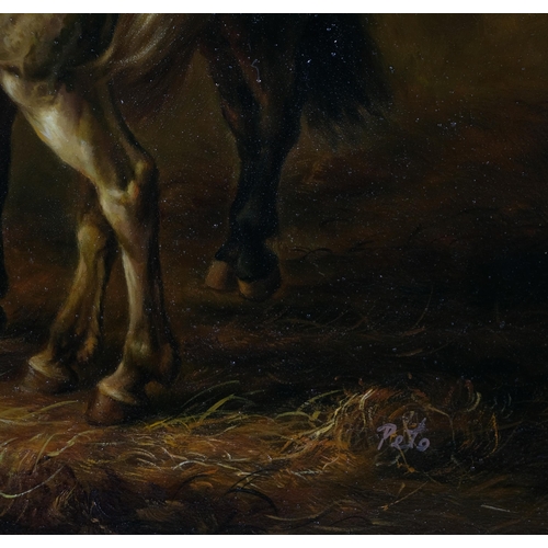 658 - Horses and poultry in the stable, contemporary oil on panel, signed Peto, 30cm x 40cm, framed