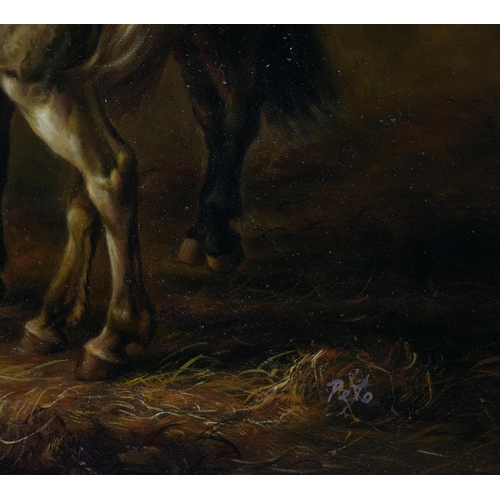 658 - Horses and poultry in the stable, contemporary oil on panel, signed Peto, 30cm x 40cm, framed