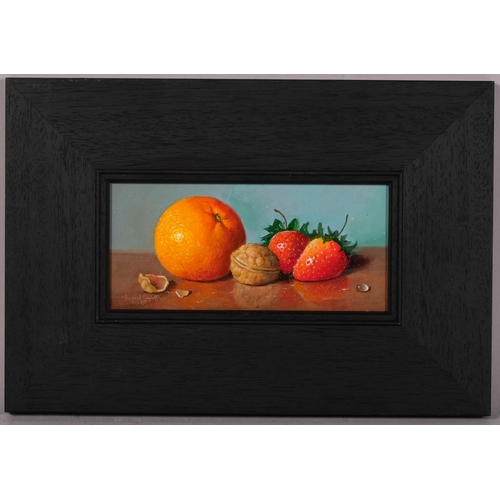 659 - Raymond Campbell, fruits and nut, oil on board, signed, 20cm x 10cm, framed