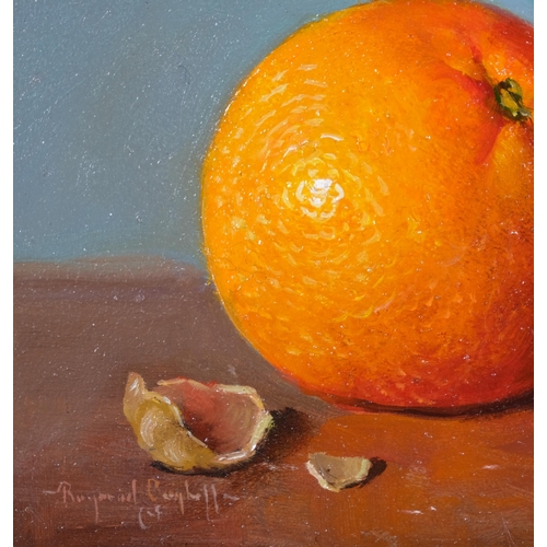 659 - Raymond Campbell, fruits and nut, oil on board, signed, 20cm x 10cm, framed