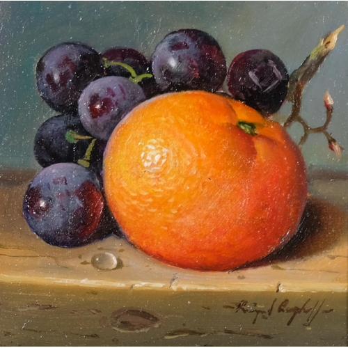 660 - Raymond Campbell, orange and grapes, oil on board, signed, 13cm x 13cm, framed