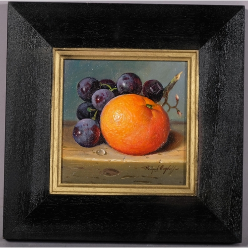 660 - Raymond Campbell, orange and grapes, oil on board, signed, 13cm x 13cm, framed