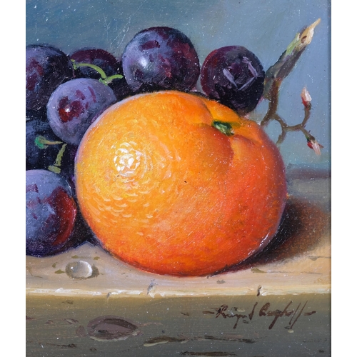 660 - Raymond Campbell, orange and grapes, oil on board, signed, 13cm x 13cm, framed