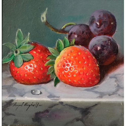 661 - Raymond Campbell, strawberries on a marble table, oil on board, signed, 13cm x 13cm, framed